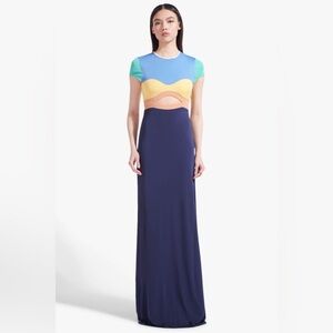 $345 Staud Piera Cool Ocean Cut Out Maxi Sheath Dress Size S Small Short Sleeve